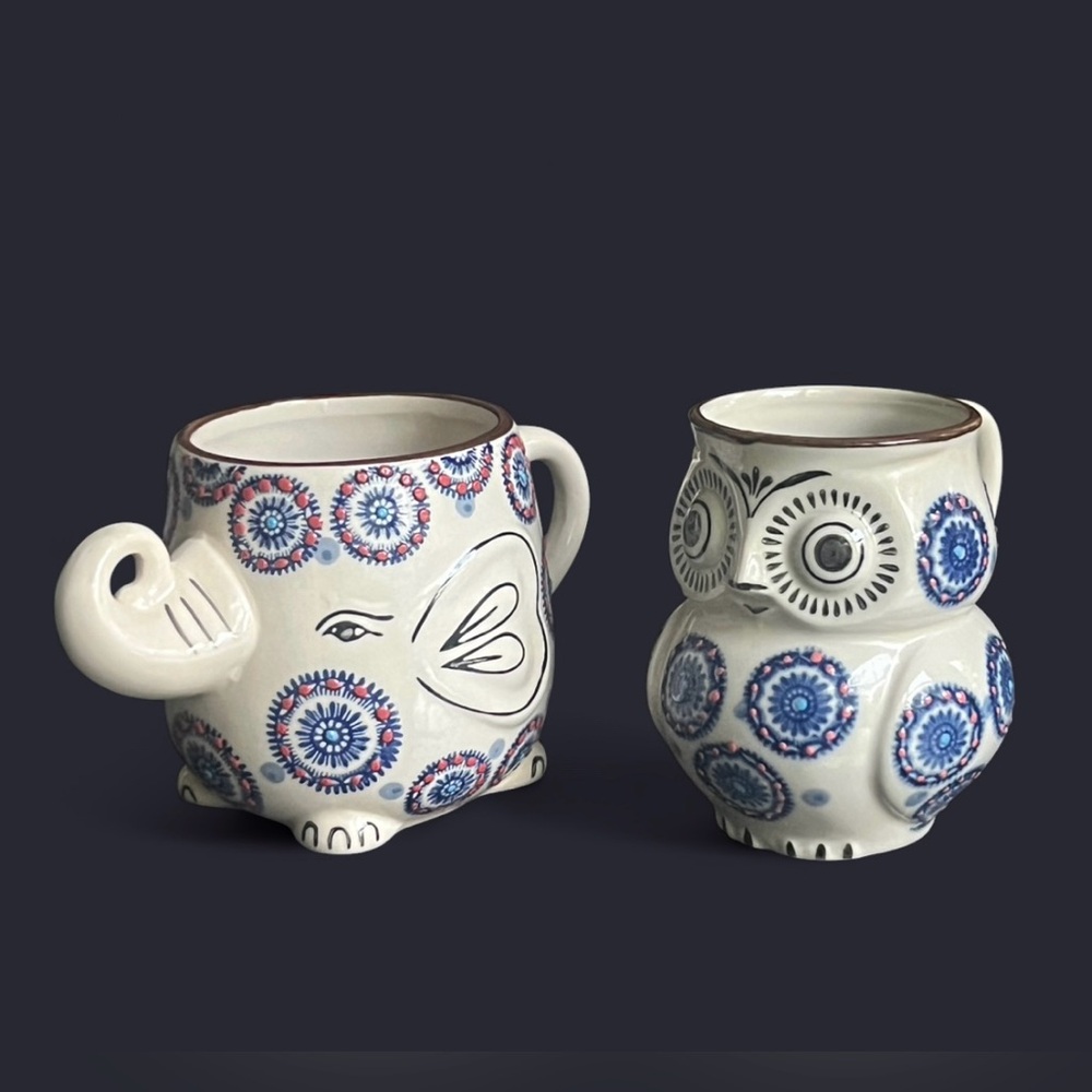 Yokohama Studios Royal Elephant and Owl Mug hand painted embossed 3-D Design